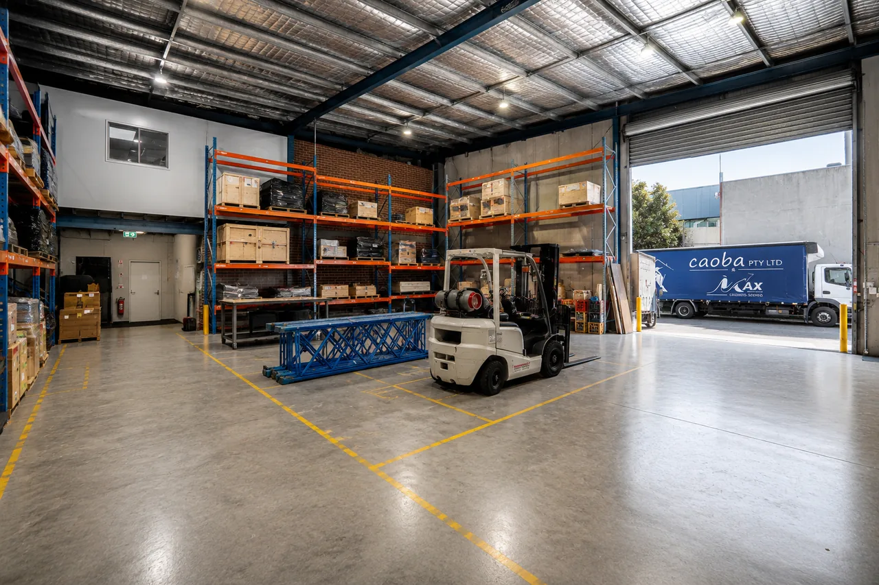 Caoba warehouse with pallet racking, a forklift and a Caoba truck at the loading door